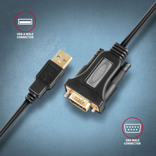 AXAGON ADS-1PQN, USB-A 2.0 - sériový RS-232 DB9-M FTDI adaptér / kabel 1.5m