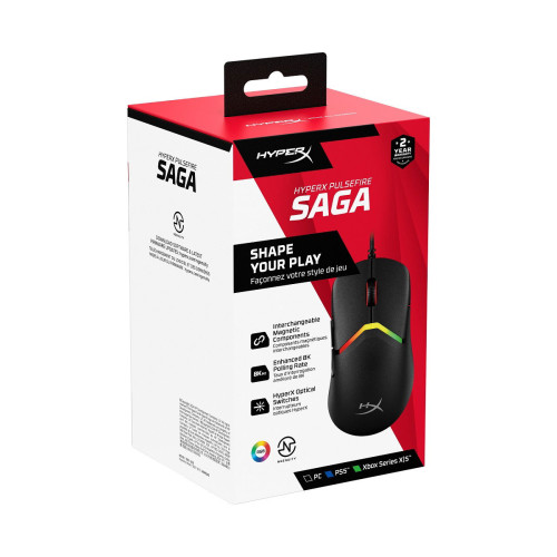 HP HyperX Pulsefire Saga/Herní/Optická/Pro praváky/26 000 DPI/Drátové USB-A/Černá